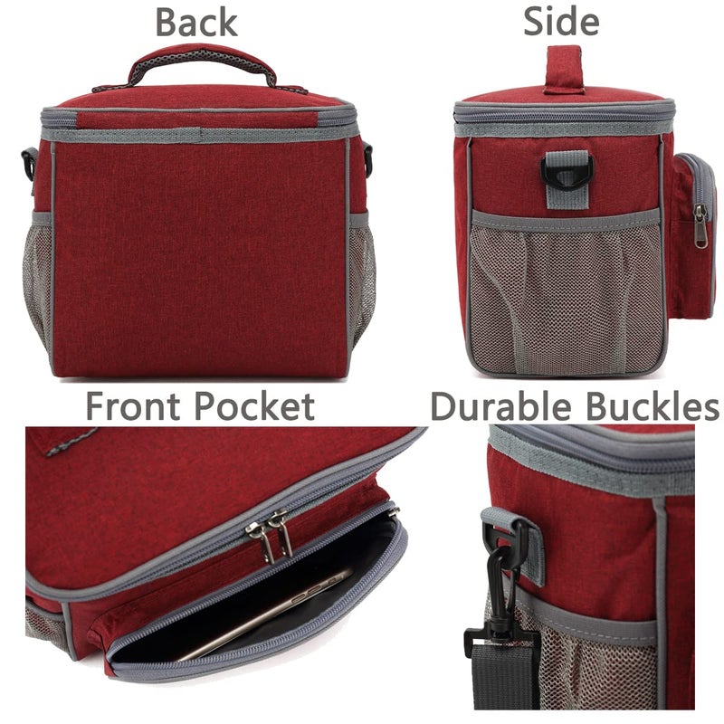 FlowFly Insulated Reusable Lunch Bag Adult Large Lunch Box for Women and Men with Adjustable Shoulder Strap,Front Zipper Pocket and Dual Large Mesh Side Pockets,Red - Image 5